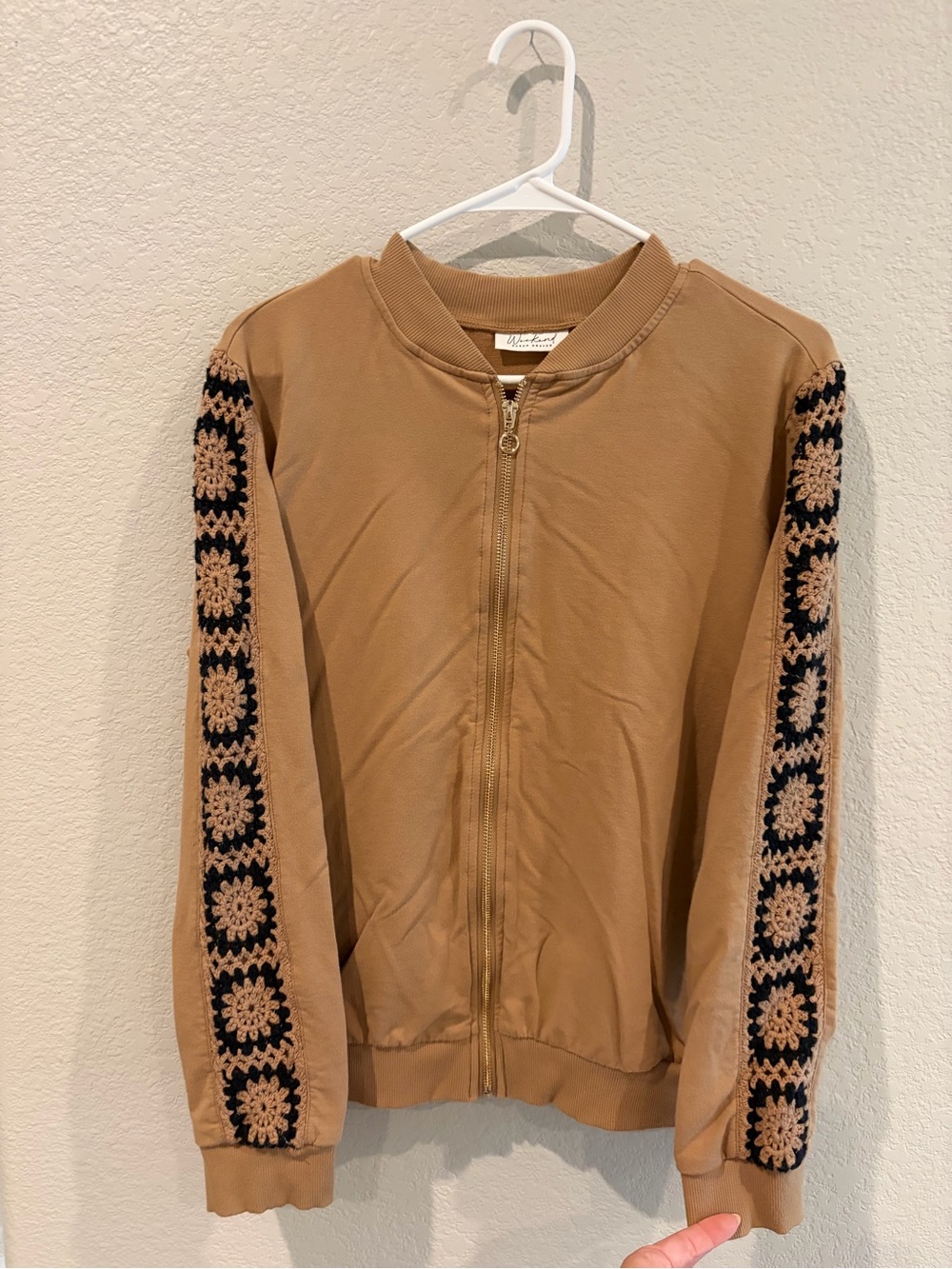 Susan Graver Tan Zip-Front Sweatshirt with Black Crochet Sleeve Panels